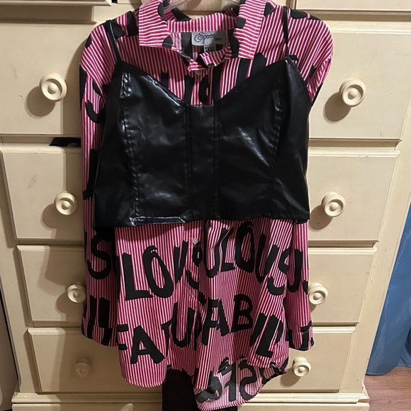 Tops - Red Striped Shirt with Black Faux Leather Bustier